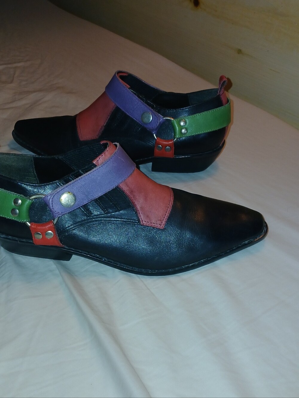 Vintage Womens Black Leather Pointed Low Heel Boots with Colorful Straps